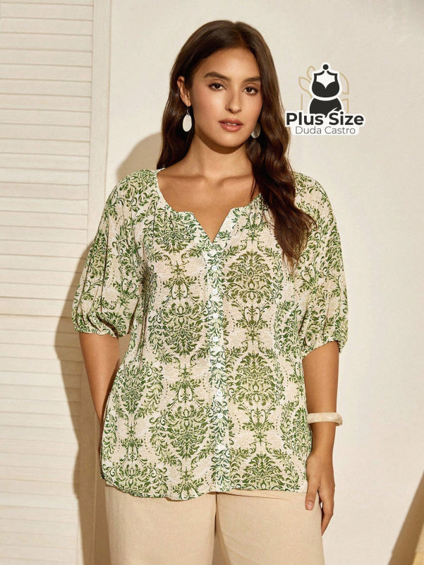 Camisa de Manga Lanterna 3/4 Estampada Plus Size – Sofisticação e Estilo Exclusivo Camisa de Manga Lanterna 3/4