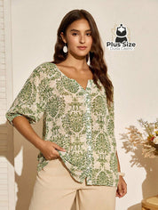 Camisa de Manga Lanterna 3/4 Estampada Plus Size – Sofisticação e Estilo Exclusivo Camisa de Manga Lanterna 3/4