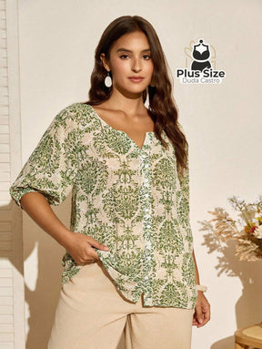 Camisa de Manga Lanterna 3/4 Estampada Plus Size – Sofisticação e Estilo Exclusivo Camisa de Manga Lanterna 3/4