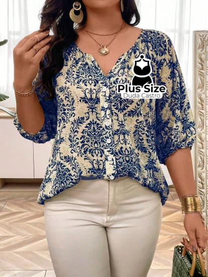 Camisa De Manga Lanterna 3/4 Estampada Plus Size – Sofisticação E Estilo Exclusivo