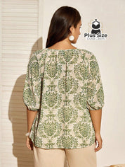 Camisa de Manga Lanterna 3/4 Estampada Plus Size – Sofisticação e Estilo Exclusivo Camisa de Manga Lanterna 3/4