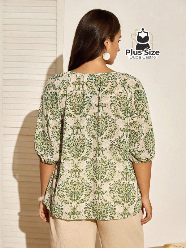 Camisa de Manga Lanterna 3/4 Estampada Plus Size – Sofisticação e Estilo Exclusivo Camisa de Manga Lanterna 3/4
