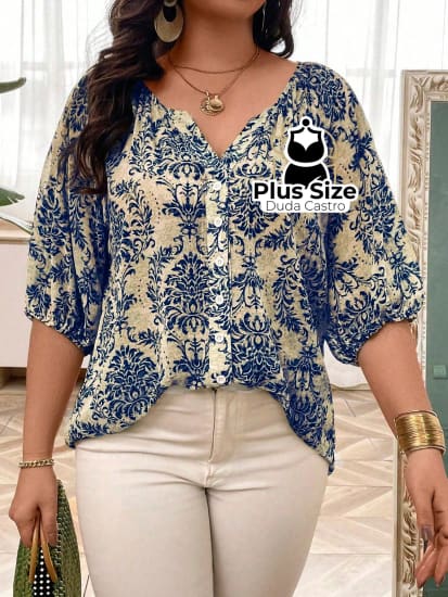 Camisa De Manga Lanterna 3/4 Estampada Plus Size Blusa