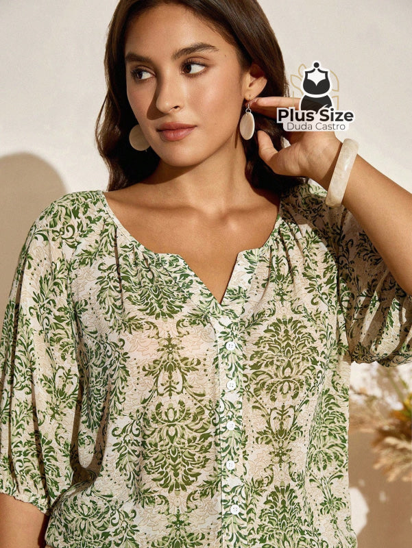 Camisa de Manga Lanterna 3/4 Estampada Plus Size – Sofisticação e Estilo Exclusivo Camisa de Manga Lanterna 3/4