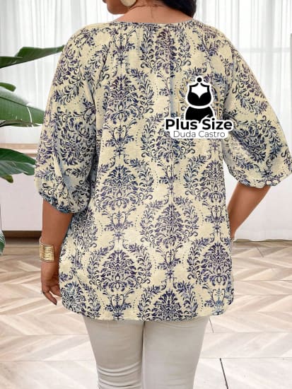 Camisa De Manga Lanterna 3/4 Estampada Plus Size – Sofisticação E Estilo Exclusivo