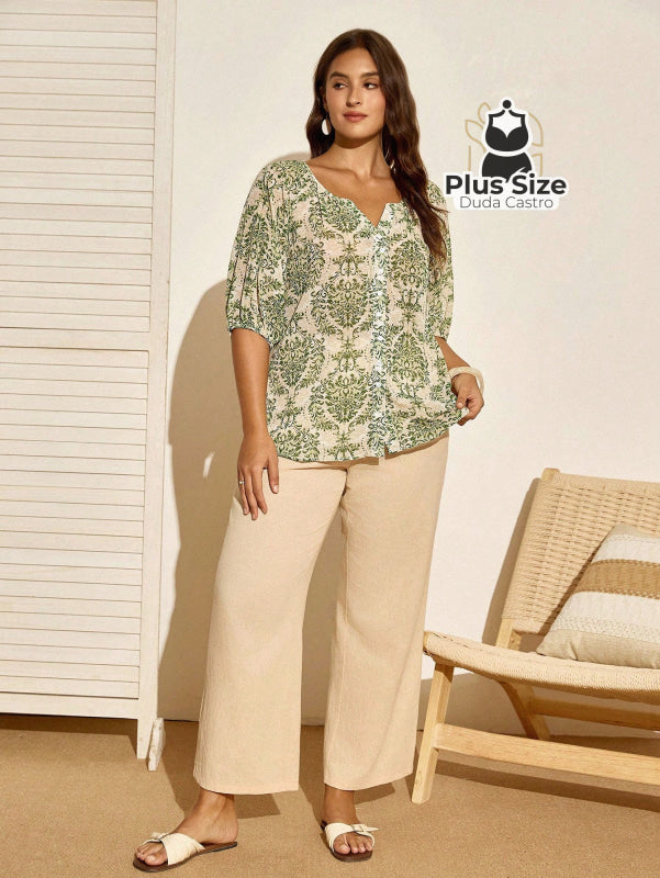 Camisa de Manga Lanterna 3/4 Estampada Plus Size – Sofisticação e Estilo Exclusivo Camisa de Manga Lanterna 3/4