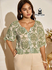 Camisa de Manga Lanterna 3/4 Estampada Plus Size – Sofisticação e Estilo Exclusivo G / Multicolorido Camisa de Manga