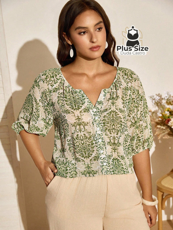 Camisa de Manga Lanterna 3/4 Estampada Plus Size – Sofisticação e Estilo Exclusivo G / Multicolorido Camisa de Manga