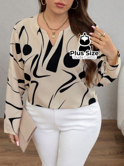 Camisa De Manga Longa Com Decote Em V E Estampa Flores Plus Size