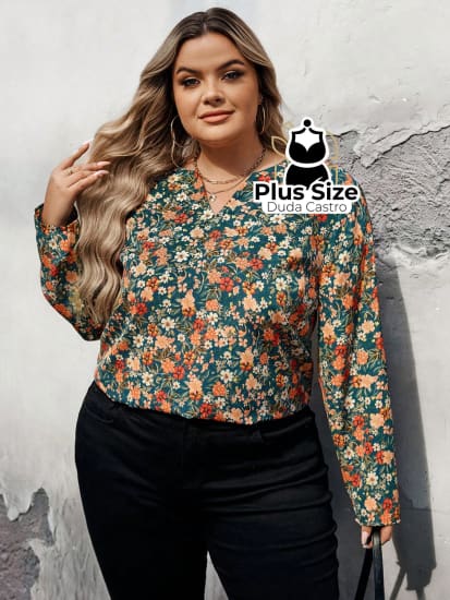 Camisa De Manga Longa Com Decote Em V E Estampa Flores Plus Size Blusa