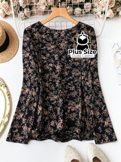 Camisa De Manga Longa Com Decote Em V E Estampa Flores Plus Size Blusa