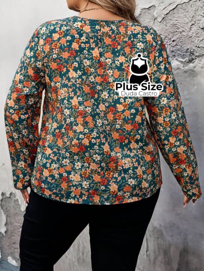 Camisa De Manga Longa Com Decote Em V E Estampa Flores Plus Size Blusa