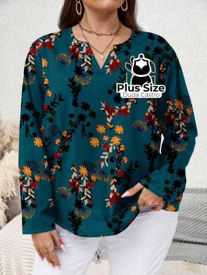 Camisa De Manga Longa Com Decote Em V E Estampa Flores Plus Size G / 1 Blusa