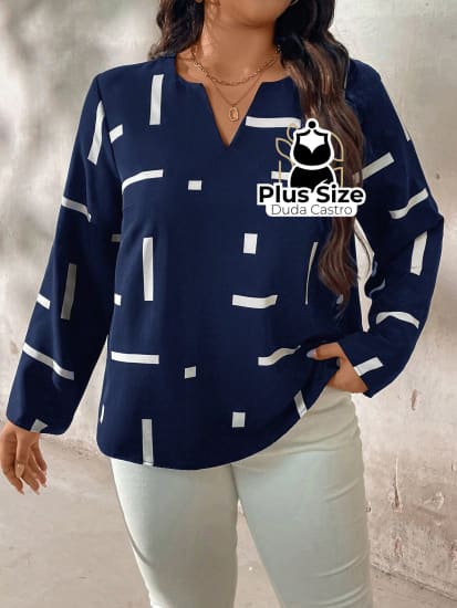 Camisa De Manga Longa Com Decote Em V E Estampa Geométrica Plus Size G / Azul Marinho