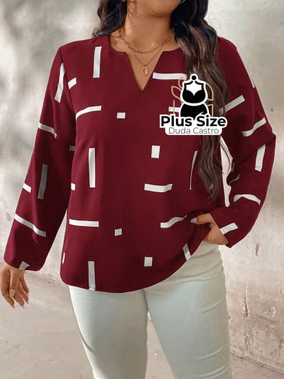 Camisa De Manga Longa Com Decote Em V E Estampa Geométrica Plus Size G / Vinho