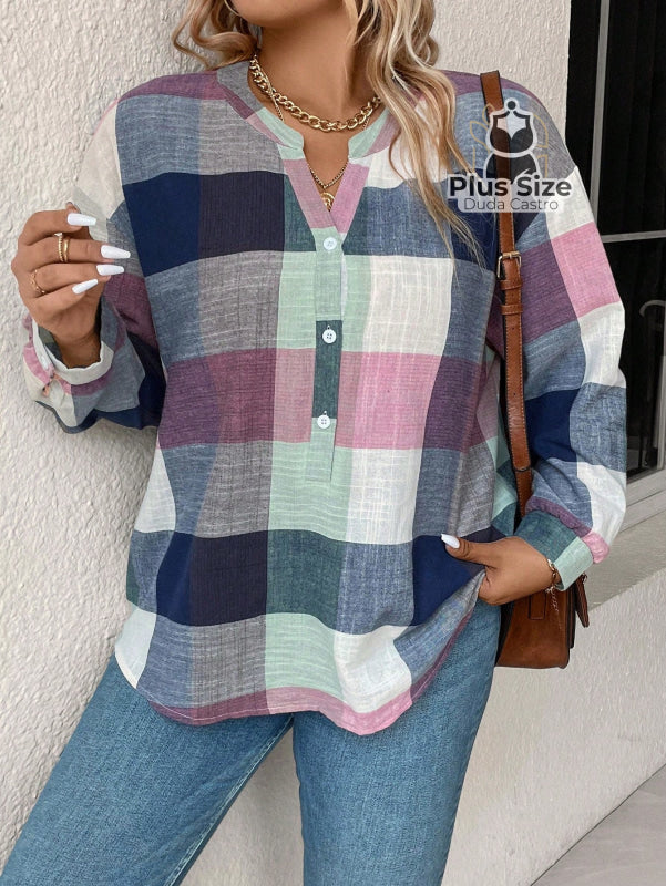 Plussize Camisa De Manga Longa Sem Colarinho Xadrez G / Azul Blusa Plus Size