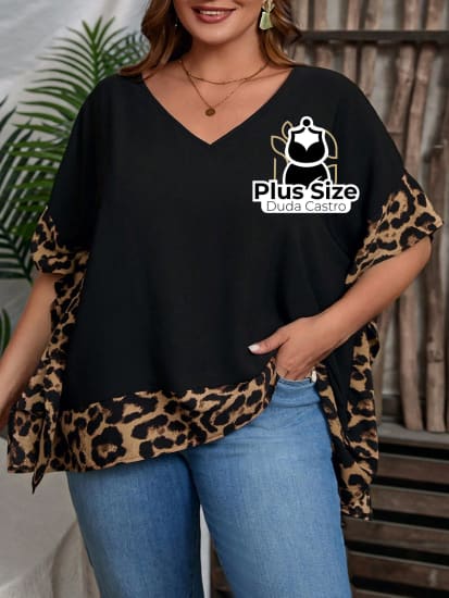 Camisa Decote V E Detalhe Animal Print Plus Size Extra G5