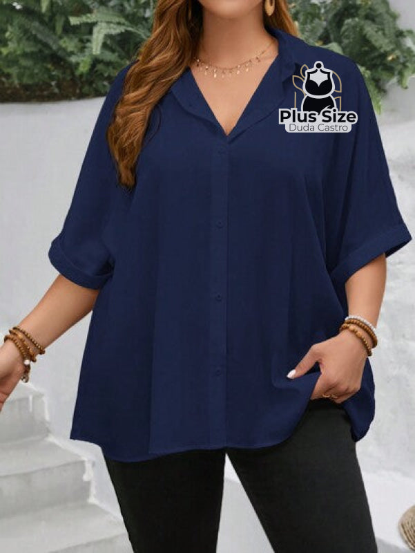 Camisa Elegante Plus Size Com Botões E Mangas Dobráveis Várias Cores Blusa