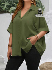 Camisa Elegante Plus Size Com Botões E Mangas Dobráveis Várias Cores Blusa