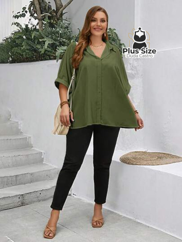 Camisa Elegante Plus Size Com Botões E Mangas Dobráveis Várias Cores Blusa