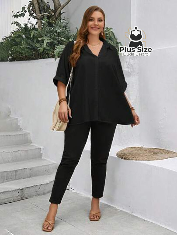 Camisa Elegante Plus Size Com Botões E Mangas Dobráveis Várias Cores Blusa