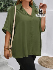 Camisa Elegante Plus Size Com Botões E Mangas Dobráveis Várias Cores Blusa