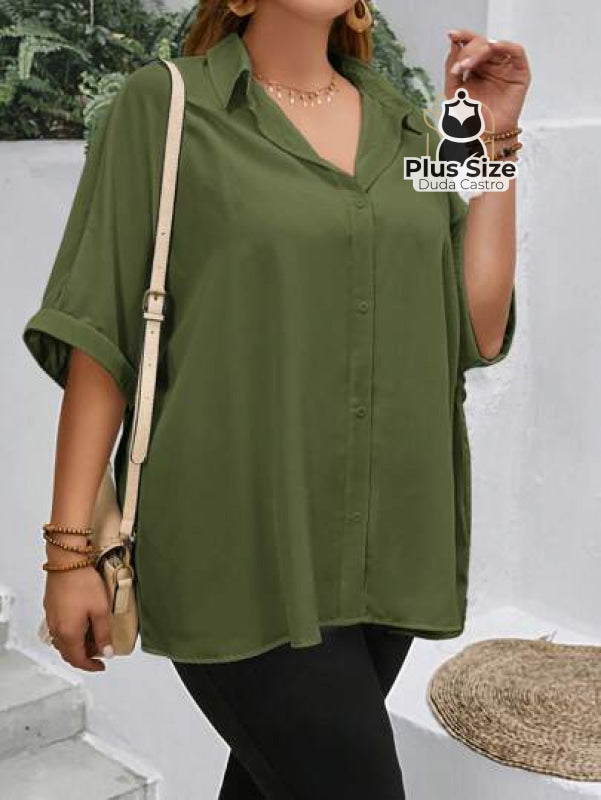 Camisa Elegante Plus Size Com Botões E Mangas Dobráveis Várias Cores Blusa