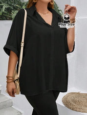 Camisa Elegante Plus Size Com Botões E Mangas Dobráveis Várias Cores Blusa