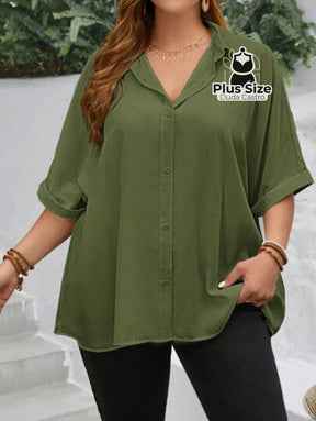 Camisa Elegante Plus Size Com Botões E Mangas Dobráveis Várias Cores Blusa
