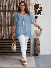 Camisa Em Viscose E Poliamida Plus Size Com Bainha Assimétrica Detalhes Elegante Botões