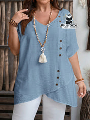 Camisa Em Viscose E Poliamida Plus Size Com Bainha Assimétrica Detalhes Elegante Botões