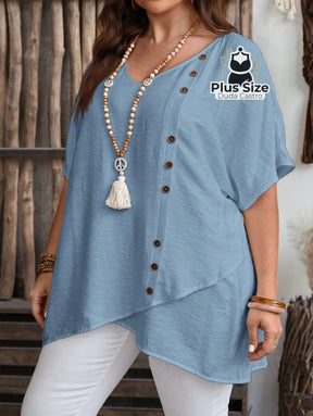 Camisa Em Viscose E Poliamida Plus Size Com Bainha Assimétrica Detalhes Elegante Botões