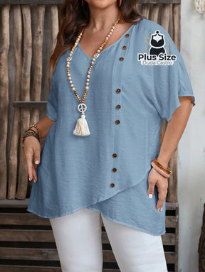 Camisa Em Viscose E Poliamida Plus Size Com Bainha Assimétrica Detalhes Elegante Botões