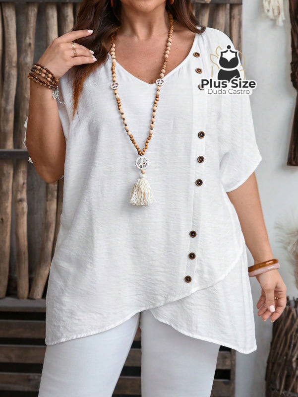 Camisa Em Viscose E Poliamida Plus Size Com Bainha Assimétrica Detalhes Elegante Botões G1 / Branco