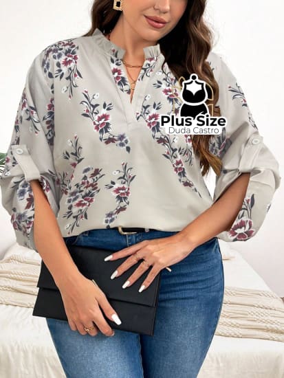 Camisa Estampa Geométrica Colarinho Em V Manga Enrolada Plus Size Blusa