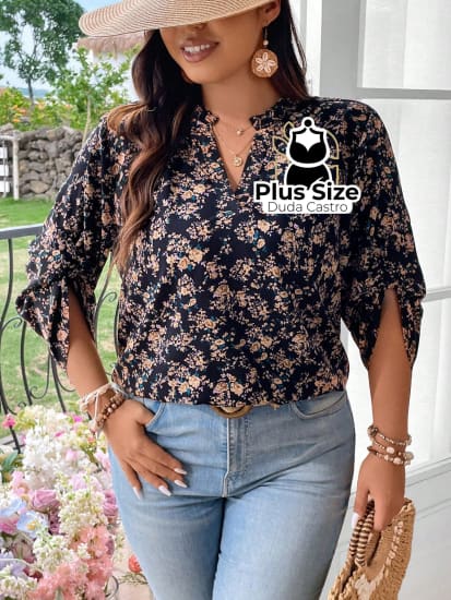 Camisa Estampa Geométrica Colarinho Em V Manga Enrolada Plus Size Blusa