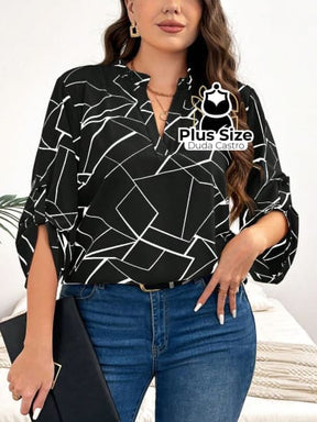 Camisa Estampa Geométrica Colarinho Em V Manga Enrolada Plus Size Blusa