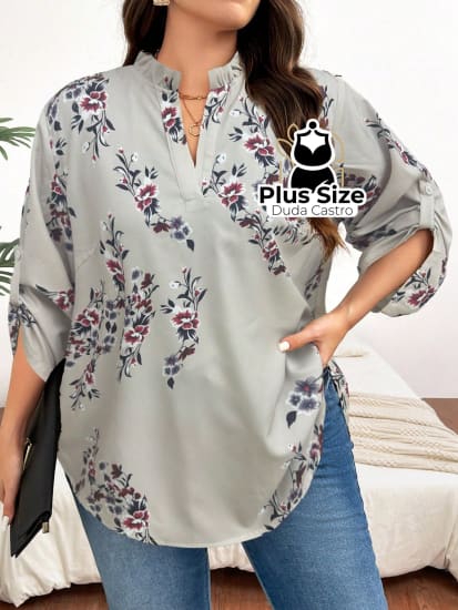 Camisa Estampa Geométrica Colarinho Em V Manga Enrolada Plus Size Blusa