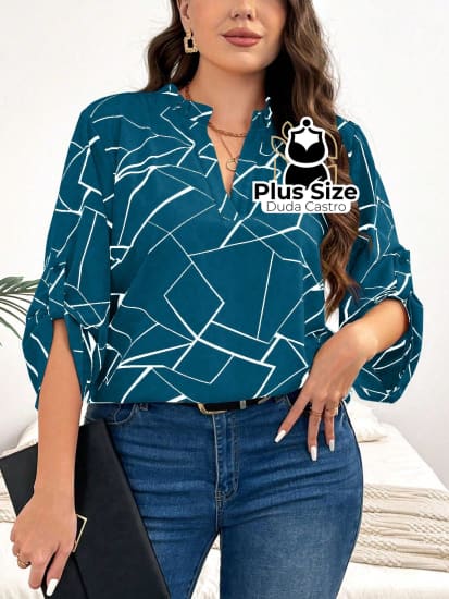 Camisa Estampa Geométrica Colarinho Em V Manga Enrolada Plus Size Blusa