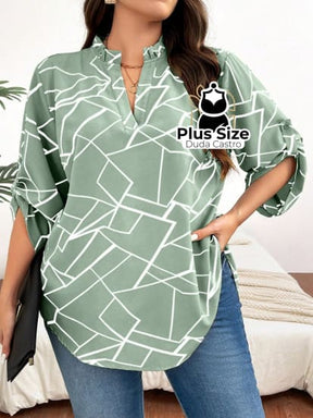 Camisa Estampa Geométrica Colarinho Em V Manga Enrolada Plus Size Blusa