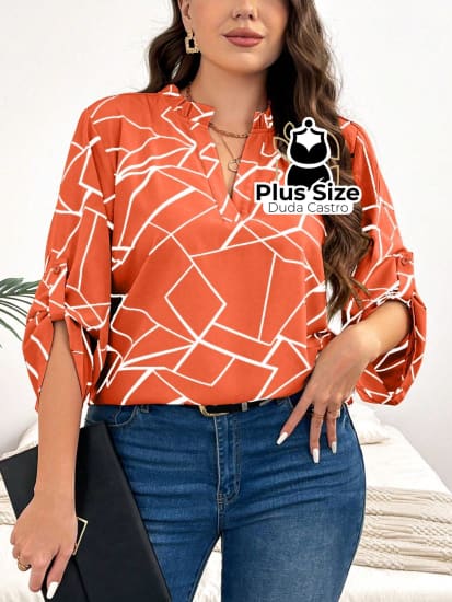 Camisa Estampa Geométrica Colarinho Em V Manga Enrolada Plus Size Blusa