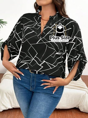 Camisa Estampa Geométrica Colarinho Em V Manga Enrolada Plus Size Blusa