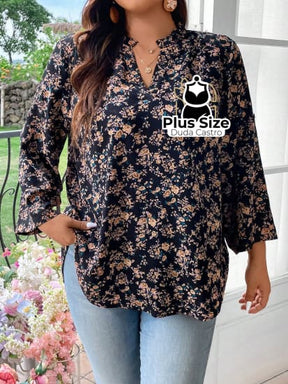 Camisa Estampa Geométrica Colarinho Em V Manga Enrolada Plus Size Blusa