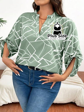 Camisa Estampa Geométrica Colarinho Em V Manga Enrolada Plus Size Blusa