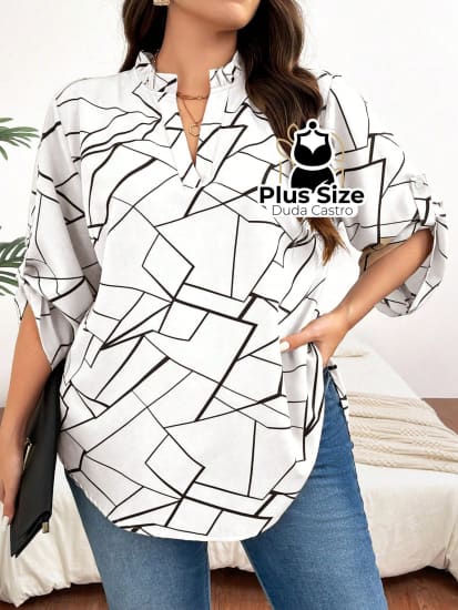 Camisa Estampa Geométrica Colarinho Em V Manga Enrolada Plus Size Blusa