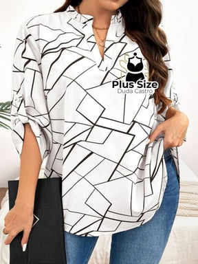 Camisa Estampa Geométrica Colarinho Em V Manga Enrolada Plus Size Blusa