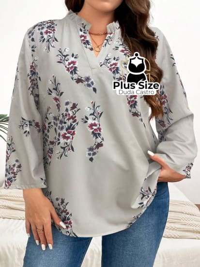 Camisa Estampa Geométrica Colarinho Em V Manga Enrolada Plus Size Blusa