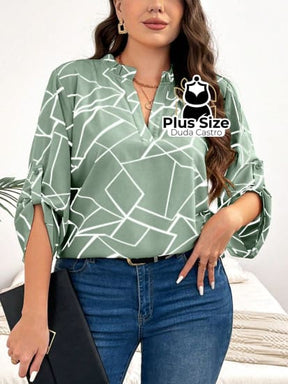 Camisa Estampa Geométrica Colarinho Em V Manga Enrolada Plus Size Blusa