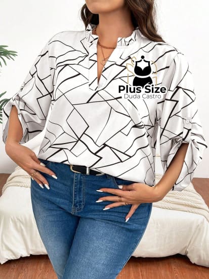 Camisa Estampa Geométrica Colarinho Em V Manga Enrolada Plus Size Blusa