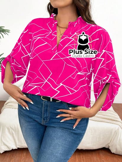 Camisa Estampa Geométrica Colarinho Em V Manga Enrolada Plus Size Blusa